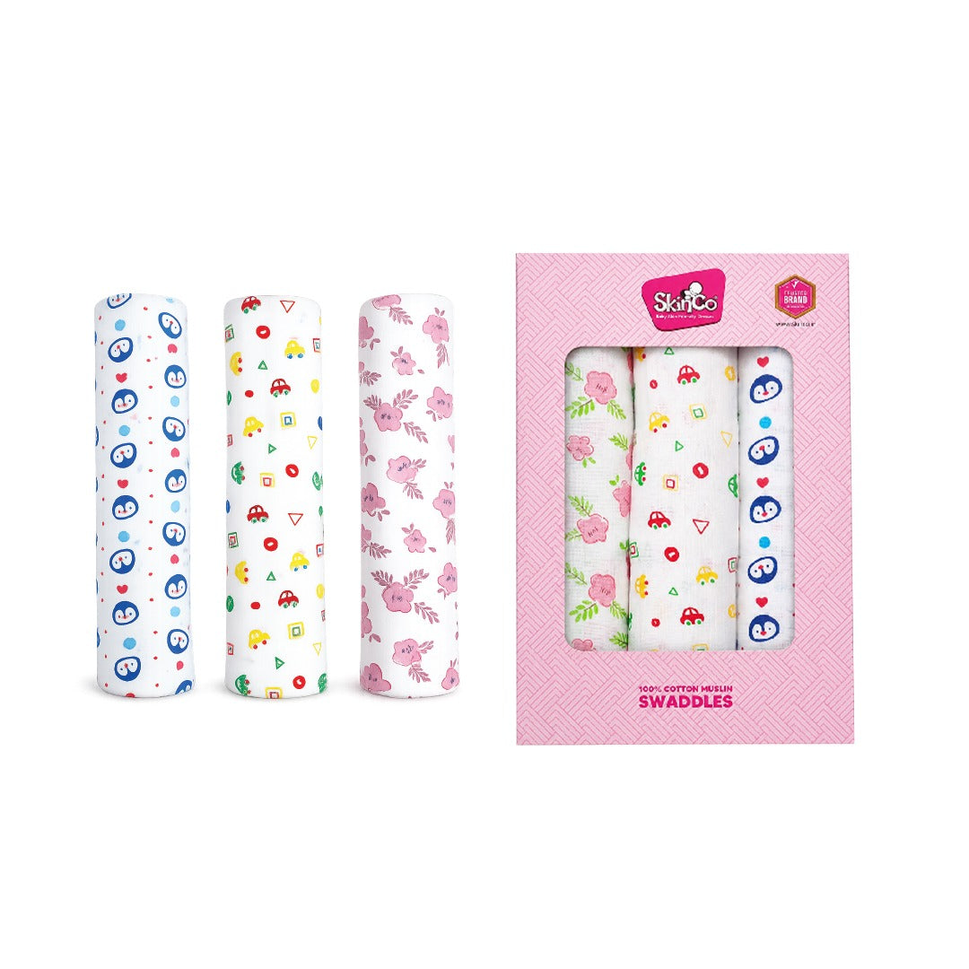 SkinCo 100% Cotton Muslin Swaddle Blanket Set (Pack of 3) | Soft, Breathable Baby Receiving Blankets for Newborns