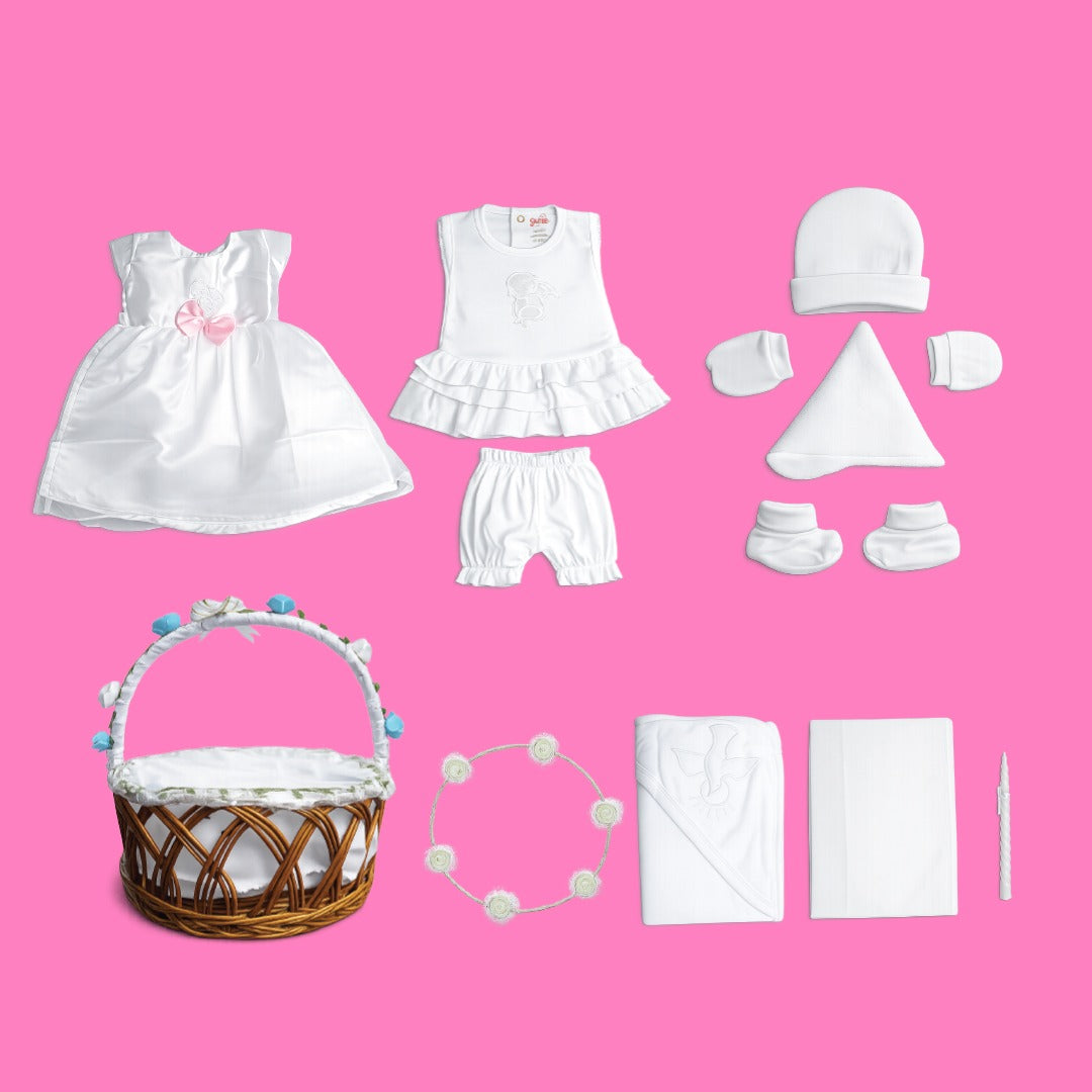 Premium Baby Girl Baptism Set – 12 Piece Luxury Cotton Ceremony Set with Basket